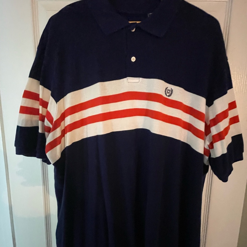 Chaps Blue and Orange Polo Shirt Sporty Striped Design
